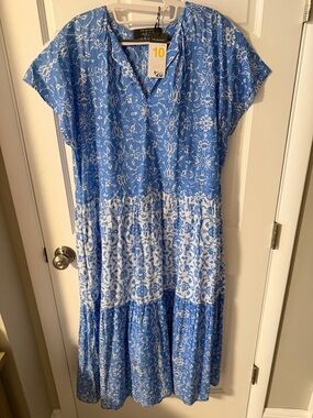 Primark Blue and White Floral Tiered Panel Maxi Dress Cotton Cottagecore Size 10